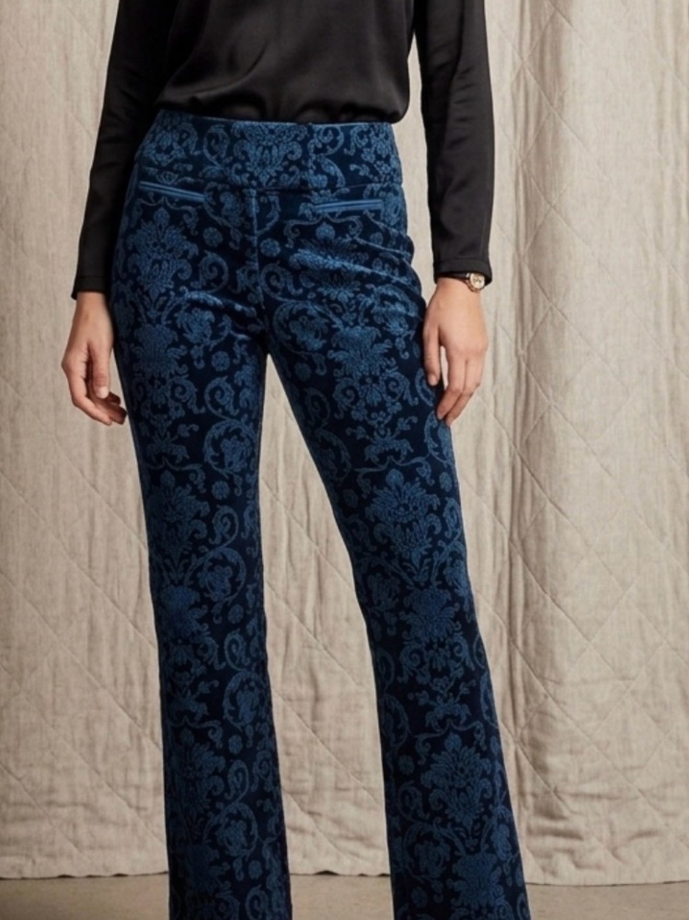Vintage Cache Navy Bootcut Pants with Velvet Damask Print, GUC